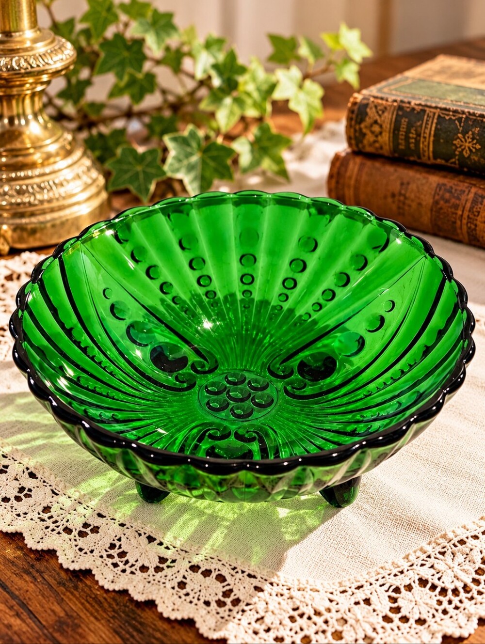 Anchor Hocking Green Pressed Glass Footed Bowl Swirl Ribbed 8" Diameter